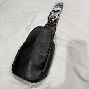Black Leather sling Bag with Patterned Strap NWOT